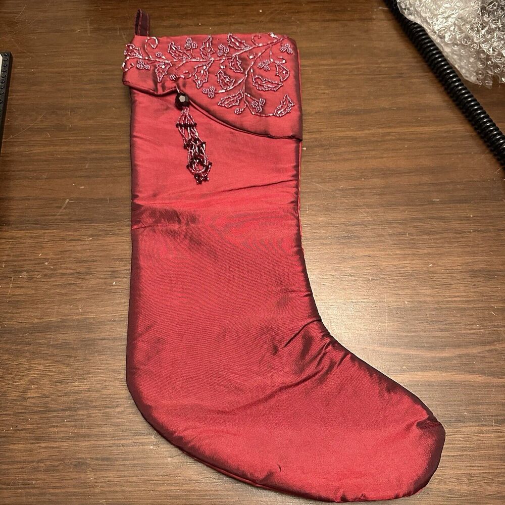 Fancy Tafetta Beaded CHRISTMAS STOCKING Tassel Burgundy Red 18" Walmart VTG